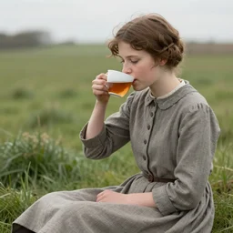 ireland in the 1 9 3 0 s. technicolor. a girl is drinking a cup of tea in a field. soft lighting