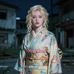 stunning, breathtaking, awe - inspiring award - winning portrait of an attractive white faerie with wavy blonde hair, wearing a colorful yukata in an abandoned city at night, extremely moody lighting, intricate, soft focus, 8 k, artgerm