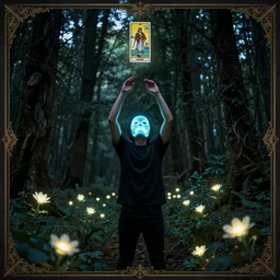 surreal man in brightly glowing mask, holding hands in the sky looking up in a dense dark forest with glowing flowers scattered on the ground. raytracing, light refraction. photography, 55mm lens forestpunk :: high detailed + tarot card, ornate border, 8k,