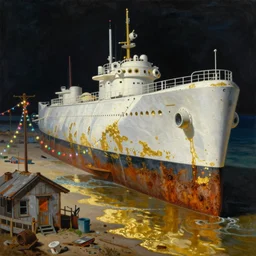 painting by dean cornwell, ilya repin, nc wyeth painting, ultra wide, vanishing point, 3 d perspective, colossal beached nuclear submarine skeleton, white machinery, nasa, liquid gold, gold leaf, up close, beaching, rust, midnight, junk town, makeshift house, colorful lightbulb festoon lights, telephone pole