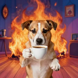 a dog with arms drinking a cup of coffee in a burning room, colorful
