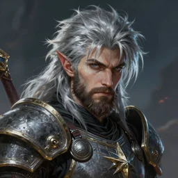 an epic fantastic realism comic book style portrait painting of an aasimar paladin, male, shaggy silver hair, short brown beard, intense face, d & d concept art, unreal 5, daz, petrol aesthetic, octane render, cosplay, rpg portrait, dynamic lighting