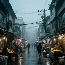 Asian cyberpunk slum street market after rain, low fog and low light. Lots of electric cables