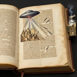 ufo attacking an ancient city with missiles, photos of a 1 5 th century codex book, 8 k,