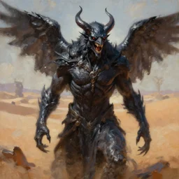 exterior desert oasis wrathful physique demonic crow, cinematic shot, oil painting by jama jurabaev, extremely detailed, brush hard, artstation, for aaa game, high quality, brush stroke