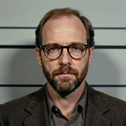 1970s of Mugshot Portrait of Bryan Cranston with glasses and no beard with a receding hairline, dressed in 1970s menswear, taken in the 1970s, photo taken on a 1970s polaroid camera, grainy, real life, hyperrealistic, ultra realistic, realistic, highly detailed, epic, HD quality, 8k resolution, body and headshot, film still, front facing, front view, headshot and bodyshot, detailed face, very detailed face