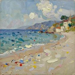 oil paint impasto relief, beautiful italian beach scene, multi layered thick brush marks, some splattered paint, in the style of ivan shishkin and frank auerbach