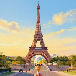 a funny painting of the eiffel tower in paris made of ice cream in different colors on a very sunny bright summer sunset day in the style of james jean