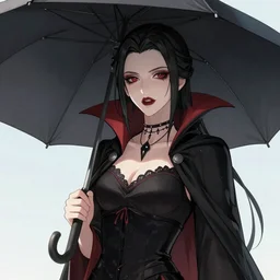 portrait of a beautiful and grim vampire queen in the shade underneath a large beach umbrella, trending on pixiv