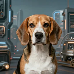 sublime portrait of a beagle, futuristic city background, medium format shot, steampunk style