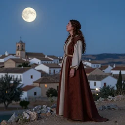 Woman from 1400 in medieval Iberia with a village behind get the moon is shining