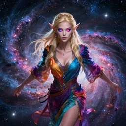 blonde female high elf with blue and pink glowing eyes in a multicolored robe, floatiung in front of a nebula, D&D, fantasy, intricate, cinematic lighting, highly detailed, digital painting, Artstation, concept art, smooth, sharp focus, art by Artgerm and Greg Rutkowski, SFW Version