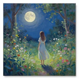 a beautiful painting of garden, moon, girl, by greg rutkowski, trending on artstation