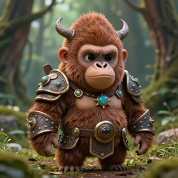 little cute fluffy forest gorilla, evil, inspiring, adorable, anthro, guardian, dnd, woodland realm, fantasy armored attire!! strange fantasy equipment!! octane render, unreal engine 5, hyper realistic, 8 k