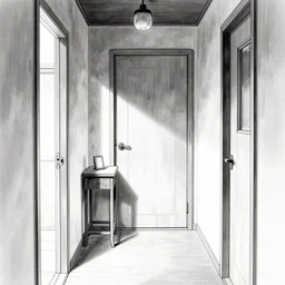 hallway of my house, doors, side table, symmetrical composition, line drawing, no - shadow, black and white, by makoto shinkai takashi takeuchi studio ghibli, akihiko yoshida