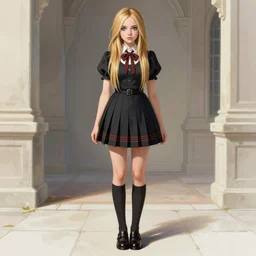 school girl in victorian dress avril lavigne, school uniform, seifuku, pleated miniskirt, overknee socks, battle angel alita. by rembrandt 1 6 6 7, illustration, by konstantin razumov