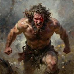 single male barbarian, burly, messy curly hair, beard, rushing towards camera, berserker, burning eyes, rage, heartbroken, violence, oil painting