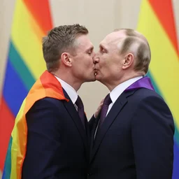 vladimir putin kissing his boyfriend with a pride flag in the background