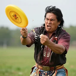 angry first nations man snapping breaking frisbee in half destroying frisbee angrily