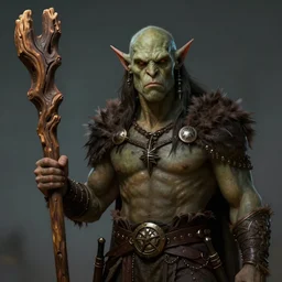Portrait of a Half Orc Druid holding a wooden totem, solid background, Fantasy Art, Dungeons ad Dragons, Frazetta