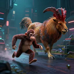 a 🐭 running away from a big 🐈, by mark ryden in cyberpunk environment, 4 k ultra high resolution, horror, long camera shot