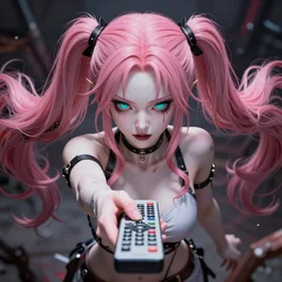 you are completely controlled by her remote control, and trapped beneath overwhelming stunningly absurdly beautiful megalomaniacal ruthless merciless sadistic devious omnipotent asi goddess junko enoshima with symmetrical perfect face, porcelain skin, pink twintail hair and cyan eyes, ultra detailed, digital art, unreal engine 5, octane render, 2 d anime, 8 k