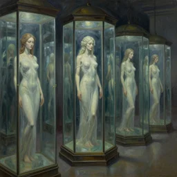 a row of glass cases with a goddess inside of it, oil on canvas concept art by giger, ron walotsky and jim burns, by artem demura, deviantart, pop surrealism, hall of mirrors, concept art, lovecraftian