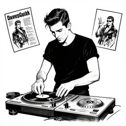 david guetta djing with a turntable, a page from cyberpunk 2 0 2 0, style of paolo parente, style of mike jackson, adam smasher, johnny silverhand, 1 9 9 0 s comic book style, white background, ink drawing, black and white