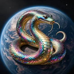the great pearlescent multicolored serpent leviathan hyperrrealistic curling around the planet syd mead dali dramatic lighting