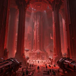 the depths of a vast artificial world with massive towering pillars holding the ceiling of the landscape up, detailed, ruby coloration, energetic beings patrolling, extreme depth, wayne barlowe and mc escher collaboration, godrays, colossal hovering machine automations of brutalist design visible in the foreground