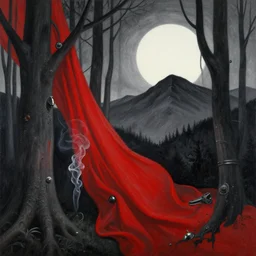 magical matte forest of happiness overlooking the sad mountains, chiaroscuro, red fabric, metalic parts, transparent smoke from hell, notan sun in the background, abstract, surreal art, painted by beksinski and android jones