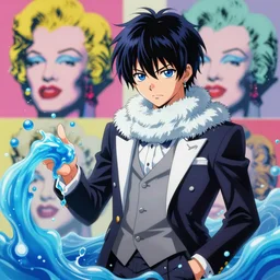 rimuru tempest melting into blue slime, fan art, tensei shitara slime datta ken, cute, highly detailed, professional digital painting, concept art, tensura illustration, unreal engine 5, manga, light novel, hd quality, 8 k, bridegroom suit, fur scarf, cinematic, art by andy warhol, yoshitaka amano
