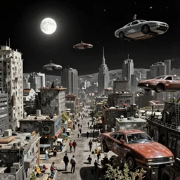 people on the dangerous streets of a Russian cyberpunk slum city on the Moon, lots of flying cars, diverse, lively, black sky full of stars, blinding sun, Neo Norilsk, Neo Kyiv, sci-fi, lots of flying cars, levitation, cyberpunk outfits, photorealistic, grainy, 35mm, intricate, very very beautiful, elegant, smooth, cinematic, Unreal Engine 5, by Beeple, trending on Artstation HD