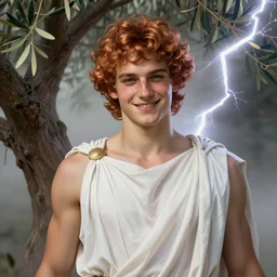 portrait of teenage zeus, greek, short curly copper hair, smiling mischievously, wearing a white sash, olive tree, intricate, elegant, lightning bolt, glowing lights, highly detailed, digital painting, artstation, concept art, smooth, sharp focus, mist, volumetric lighting, illustration, art by wlop, mucha, artgerm, and greg rutkowski