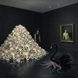 painting of a flooded art gallery room at an art gallery, black walls, japan black wooden floorboards, a tall emo woman guarding a massive pile of shells and bones, a black swan, sensual, octopus tentacles coming from puddles, zen, surrealist, by magritte and monet