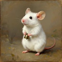 an old oil painting of a cute white mouse standing on two legs and holding a round bell, trending on artstation