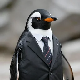 a penguin wearing a business suit, dslr photo