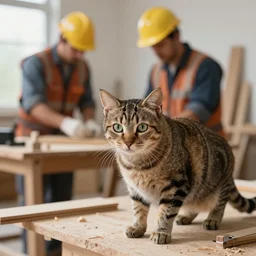 Cat working as a construction worker, cat as carpenter in the background