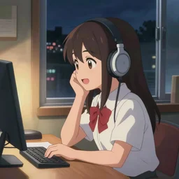 anime fine details portrait of joyful school girl in headphones studying near monitor in her room at the table, evening, lamp, lo-fi, open window, dark city landscape on the background deep bokeh, profile close-up view, anime masterpiece by Studio Ghibli. 8k, sharp high quality anime