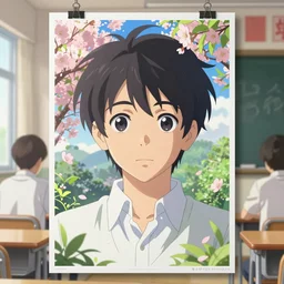 high school classroom scene spring setting poster, expert high detail concept art, perfect proportions define face, handsome, colorful, sharp focus, realistic shaded lighting artistic, kazue kato, makoto shinkai, loish and clamp style, expert artist