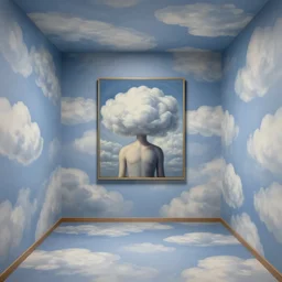 room with clouds wallpapers on the walls, painting by rene magritte, centered, high detail, high resolution