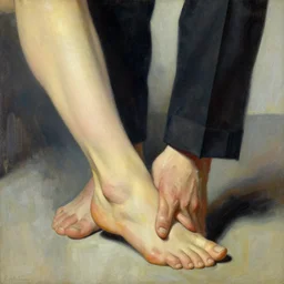 tarantino caressing feet,'bare feet '!!!! painting by jc leyendecker!! phil hale!, angular, brush strokes, painterly, vintage, crisp