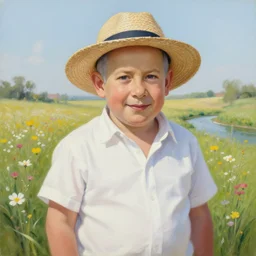 insanely detailed painting of benjamin netanyahu wearing a white undershirt and a strawhat in a flowery field, small river in background, serene, aesthetic, elegant, nature painting, happy, cute, by robert hagan and mark keathley