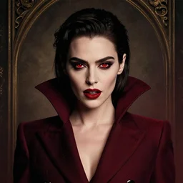 portrait of beautiful riley keough as a vampire in bloody business suit, blood red eyes, fantasy, intricate, elegant, highly detailed, by greg rutkowski, cinematic movie poster