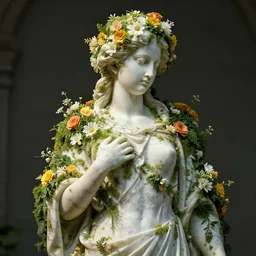 a marble statue covered in flowers, full frame, cinematic light , unreal engine,