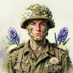 handmade character portrait of a vietnam war american soldier covered in amaratyllis, hydrangea, chrysanthemum and hyacinth, in the style of artgerm and enki bilal and bastien lecouffe - deharme, wlop, line art, watercolor, cinematic lighting, hyperdetailed, hyperrealistic