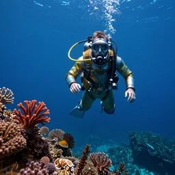 a picture of mysterious colourful underwater sea life, being discovered by a man in a steampunk diving suit. water is deep aquamarine coloured. poster art by james jean, concept art, behance contest winner, very detailed, award - winning. lovecraftian, cosmic horror, bioluminescence.