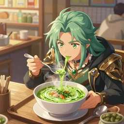 it was afternoon, q was having some meal on one of the little food stalls, it was a nice green soup, the taste you ask? well, it's not supposed to be human's meal, so as a human, q couldn't really describe it well, but he knew that it tasted good on his tongue, d & d, fantasy, intricate, elegant, highly