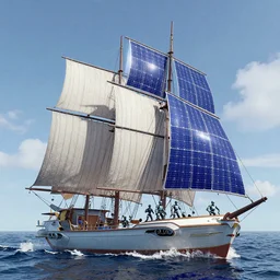 marvel comic style futuristic sail ship with solar panel sails mid-journey, robot sailors