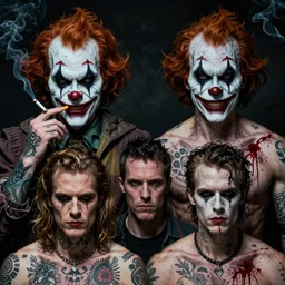 4 k full headshot portrait of scary godlike psychedelic clown smoking a cigarette from macfarlane comics, ( ( ( smirk ) ) ) detailed vfx tattoos by craig mullins, ilya kuvshinov, indomitable, wild hair, krenz cushart, blood spatter, muscular, symmetry accurate features, epic, artgerm trending on artstation by edward hopper and dan mumford and w